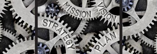 A set of gears labeled strategy, mission, vision, and plan