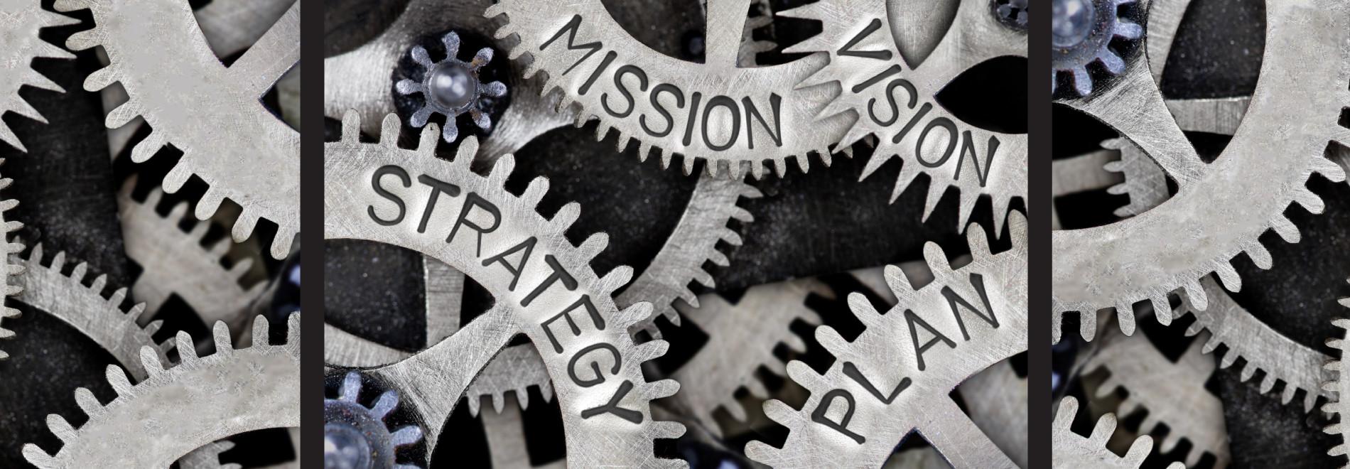 A set of gears labeled strategy, mission, vision, and plan