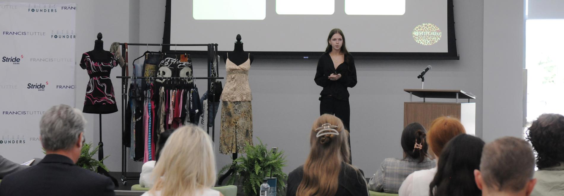 Entrepreneurship student, Grace Armstrong, shares her business idea during Pitch Night
