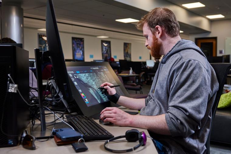 Student working on 3d animation project