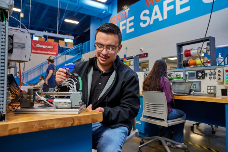 Student working on test bench