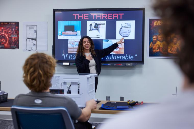 Student giving presentation about security