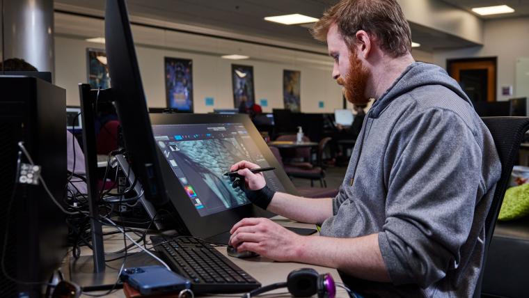 Student working on 3d animation project