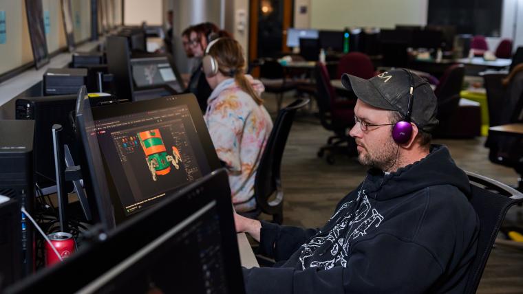 Student working on 3d animation project