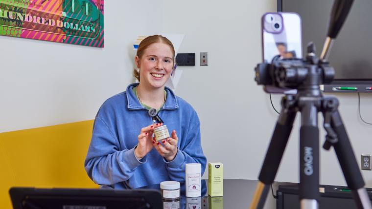 Student recording product showcase with smartphone