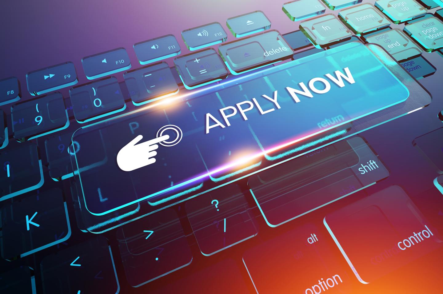 Keyboard with a highlighted button that says apply now.