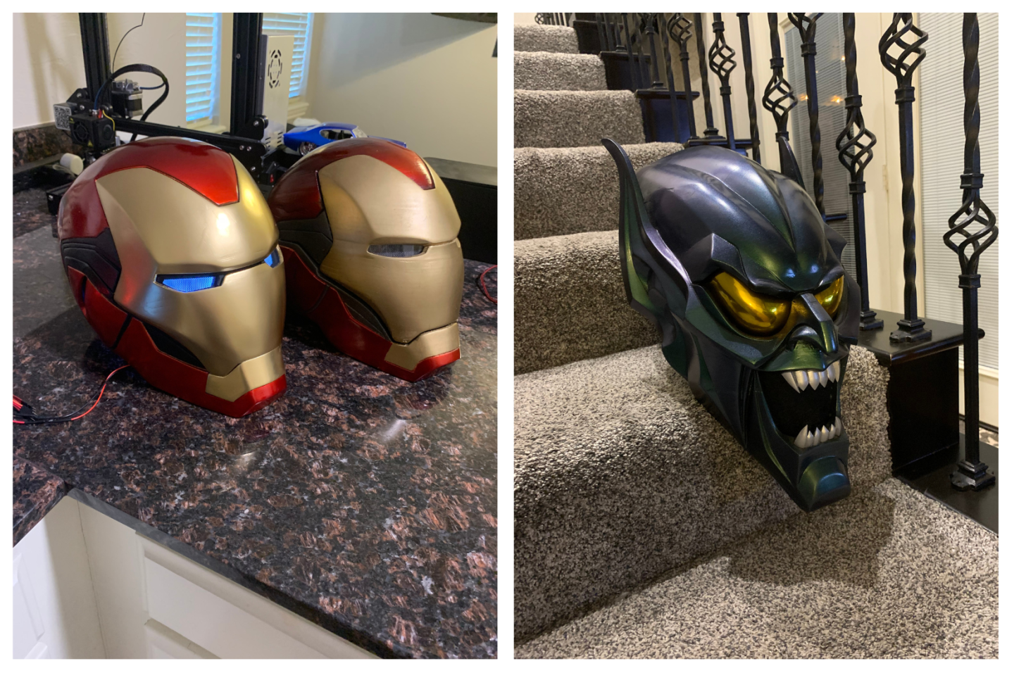 Iron Man helmets and Green Goblin mask, which were 3D printed by Jaden Azbill