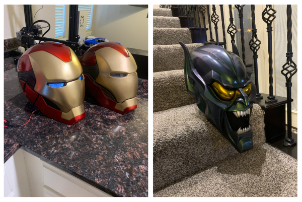Iron Man helmets and Green Goblin mask, which were 3D printed by Jaden Azbill